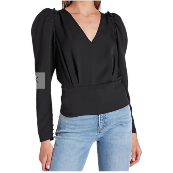 Express Womens Puff Sleeve V-neck Ruffle Shoulder Long Sleeve Top Black Size L - Picture 1 of 11
